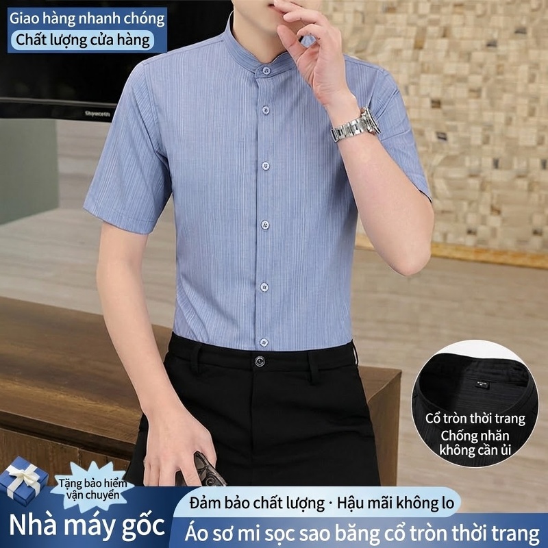 Áo Sơ Mi Nam Ngắn Tay Cổ Trụ Kẻ Sọc Thoáng Mát Phong Cách Công Sở Màu Xám
