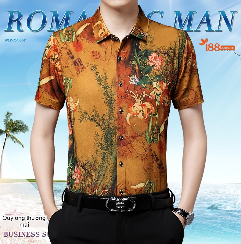 Áo Sơ Mi Nam Ngắn Tay Ice Silk Họa Tiết Hoa Thoáng Mát Màu Vàng, Xanh Lá chi tiết 1