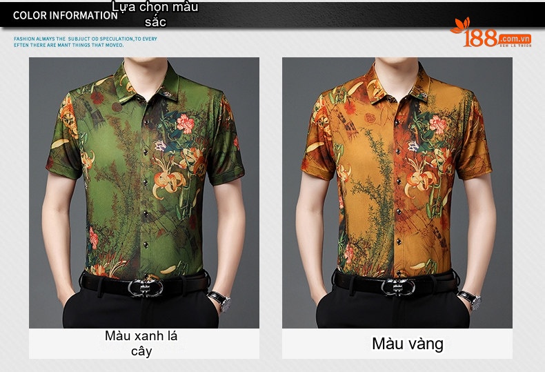 Áo Sơ Mi Nam Ngắn Tay Ice Silk Họa Tiết Hoa Thoáng Mát Màu Vàng, Xanh Lá chi tiết 7