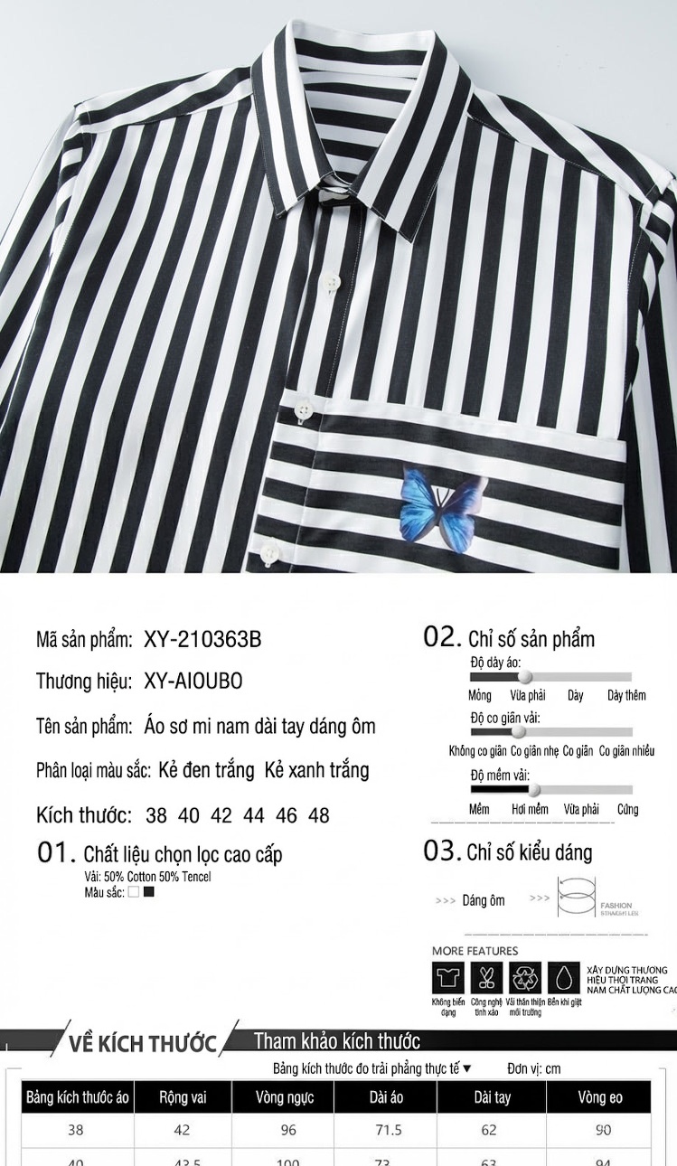 Áo Sơ Mi Nam Slim Fit In Họa Tiết Sọc Độc Đáo Thoáng Mát Cotton Tencel Màu Xanh, Đen chi tiết 2