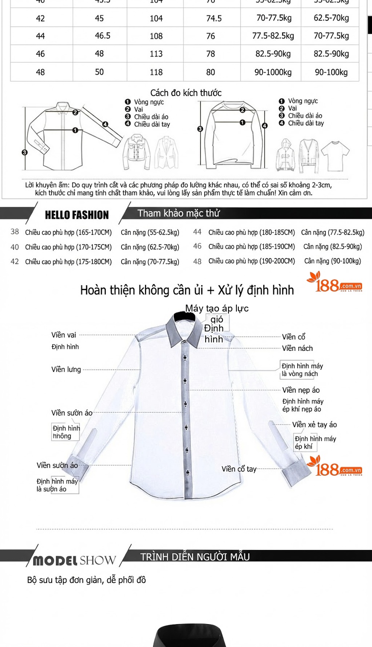 Áo Sơ Mi Nam Tay Dài Cổ Trụ Dáng Ôm Màu Xanh, Trắng, Đen, Xanh Navy chi tiết 3