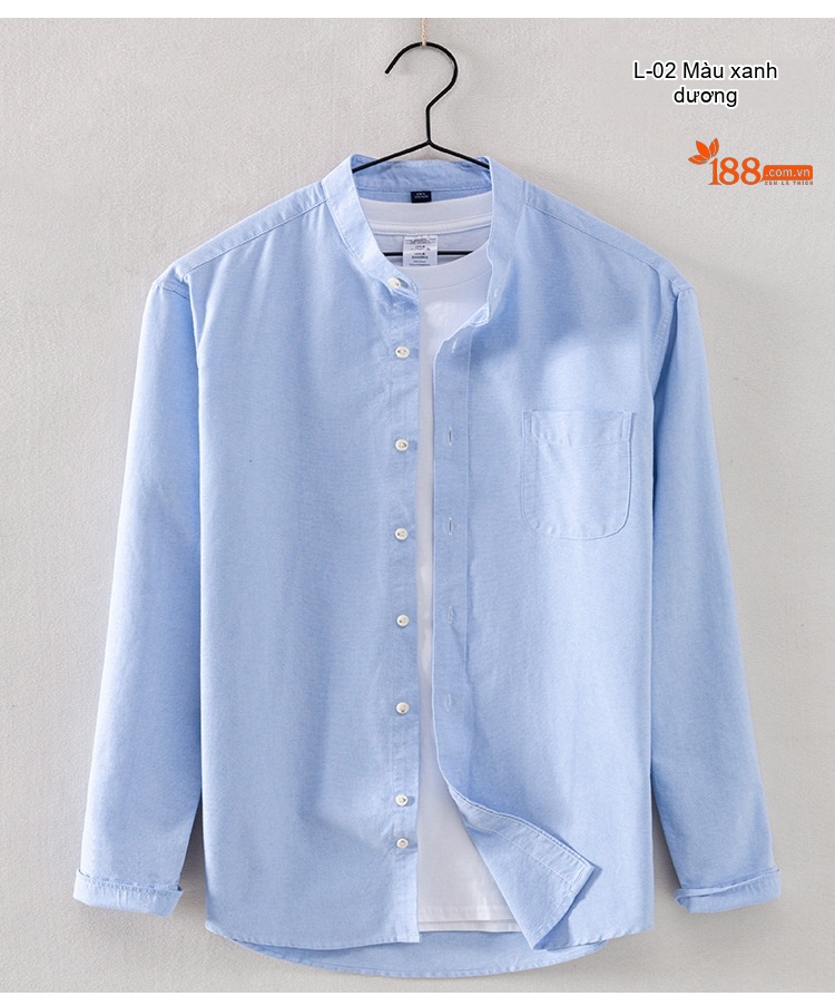 Áo Sơ Mi Nam Tay Dài Cổ Trụ Hàn Quốc Cotton Oxford Màu Trắng, Xanh Dương, Vàng, Xám... chi tiết 6