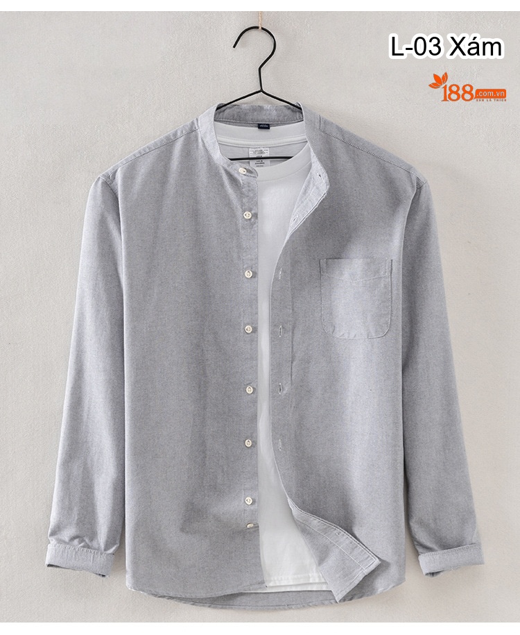 Áo Sơ Mi Nam Tay Dài Cổ Trụ Hàn Quốc Cotton Oxford Màu Trắng, Xanh Dương, Vàng, Xám... chi tiết 7