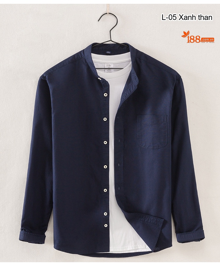 Áo Sơ Mi Nam Tay Dài Cổ Trụ Hàn Quốc Cotton Oxford Màu Trắng, Xanh Dương, Vàng, Xám... chi tiết 8