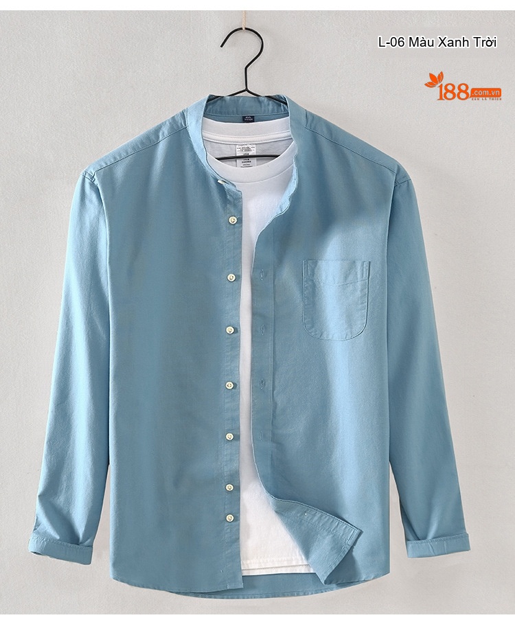Áo Sơ Mi Nam Tay Dài Cổ Trụ Hàn Quốc Cotton Oxford Màu Trắng, Xanh Dương, Vàng, Xám... chi tiết 9