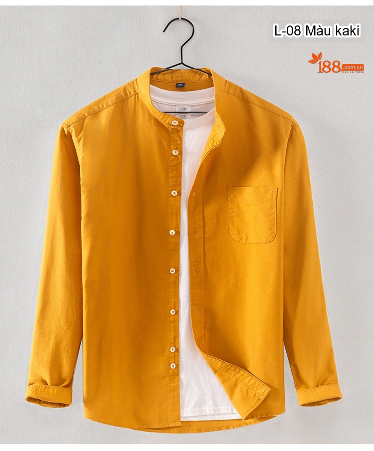 Áo Sơ Mi Nam Tay Dài Cổ Trụ Hàn Quốc Cotton Oxford Màu Trắng, Xanh Dương, Vàng, Xám... chi tiết 11
