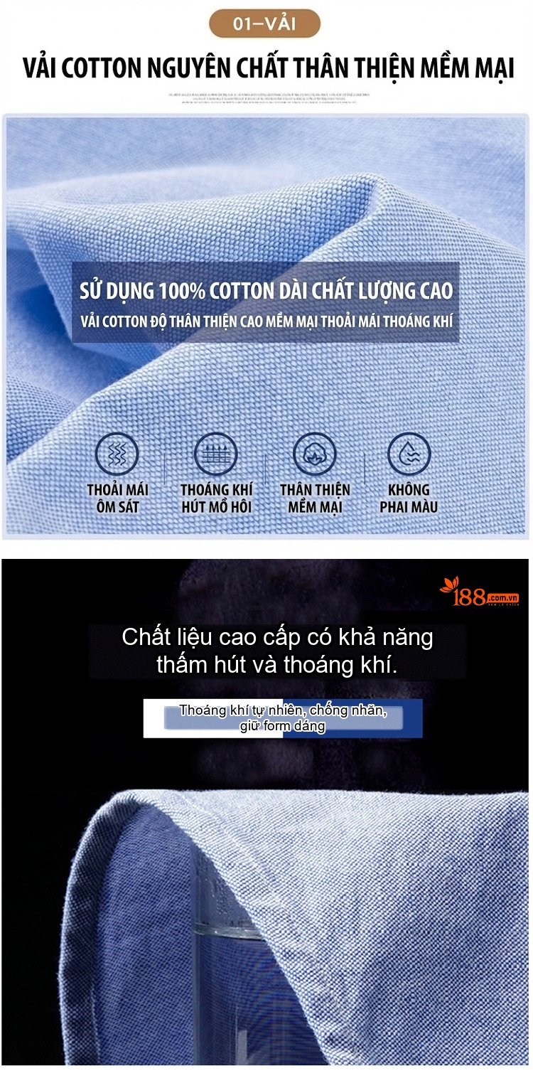 Áo Sơ Mi Nam Tay Dài Cổ Trụ Hàn Quốc Cotton Oxford Màu Trắng, Xanh Dương, Vàng, Xám... chi tiết 3