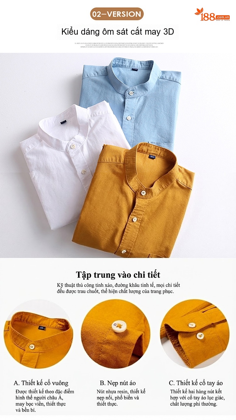 Áo Sơ Mi Nam Tay Dài Cổ Trụ Hàn Quốc Cotton Oxford Màu Trắng, Xanh Dương, Vàng, Xám... chi tiết 4