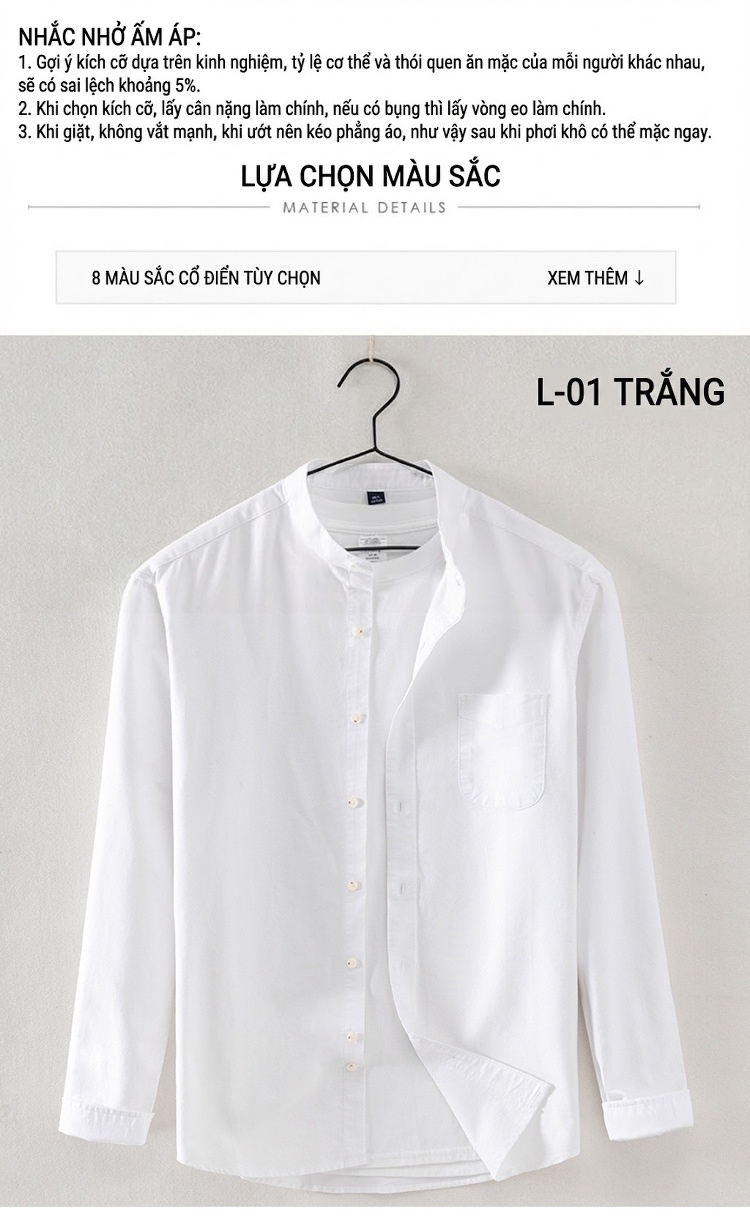 Áo Sơ Mi Nam Tay Dài Cổ Trụ Hàn Quốc Cotton Oxford Màu Trắng, Xanh Dương, Vàng, Xám... chi tiết 5