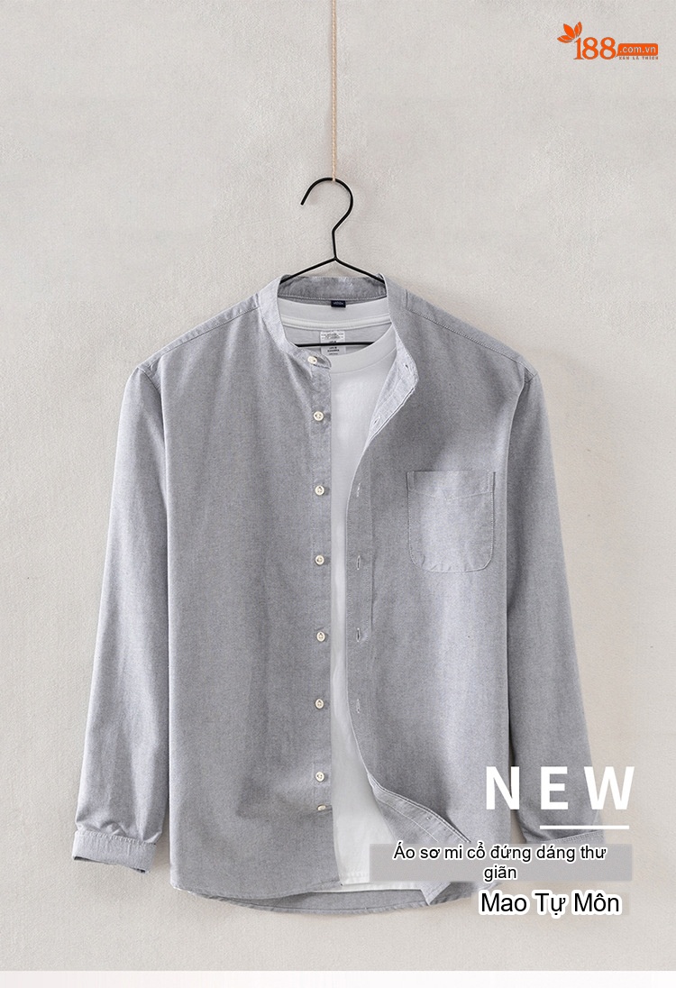 Áo Sơ Mi Nam Tay Dài Cổ Trụ Hàn Quốc Cotton Oxford Màu Trắng, Xanh Dương, Vàng, Xám... chi tiết 1