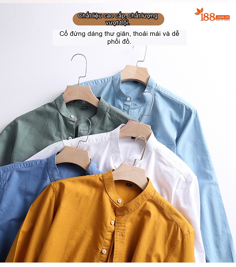 Áo Sơ Mi Nam Tay Dài Cổ Trụ Hàn Quốc Cotton Oxford Màu Trắng, Xanh Dương, Vàng, Xám... chi tiết 2