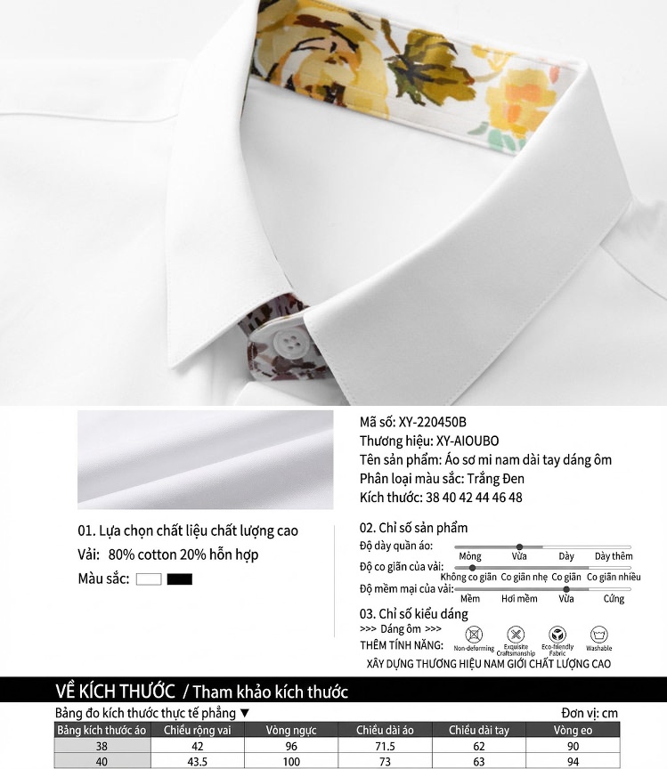 Áo Sơ Mi Nam Tay Dài Cổ Trụ Phối Họa Tiết Hoa Lá Màu Đen, Trắng chi tiết 2