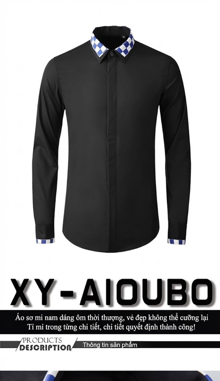 Áo Sơ Mi Nam Tay Dài Cotton Cổ chữ Và Tay Áo Họa Tiết Caro Màu Đen, Trắng chi tiết 1