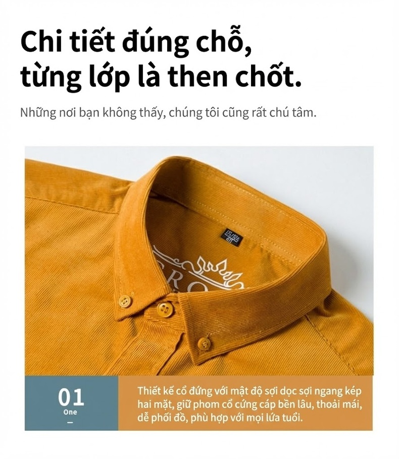 Áo Sơ Mi Nam Tay Dài Cotton Gân Nhỏ Màu Đen, Vàng, Xanh Dương, Đỏ... chi tiết 5