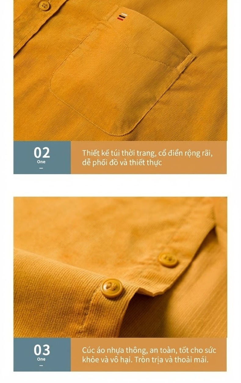 Áo Sơ Mi Nam Tay Dài Cotton Gân Nhỏ Màu Đen, Vàng, Xanh Dương, Đỏ... chi tiết 6