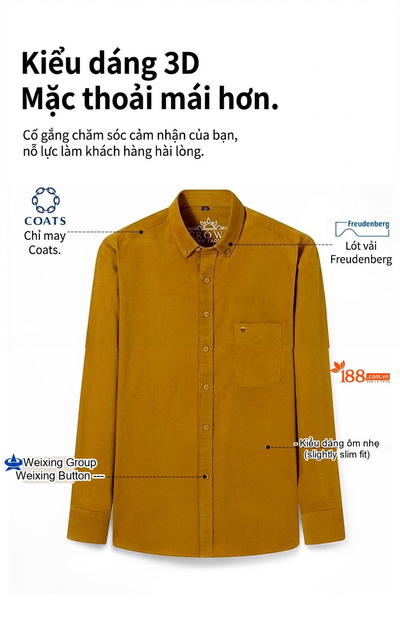Áo Sơ Mi Nam Tay Dài Cotton Gân Nhỏ Màu Đen, Vàng, Xanh Dương, Đỏ... chi tiết 4