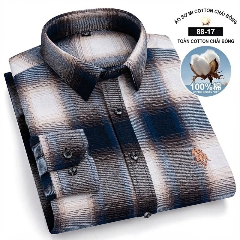 Áo Sơ Mi Nam Tay Dài Cotton Kẻ Caro Thời Trang