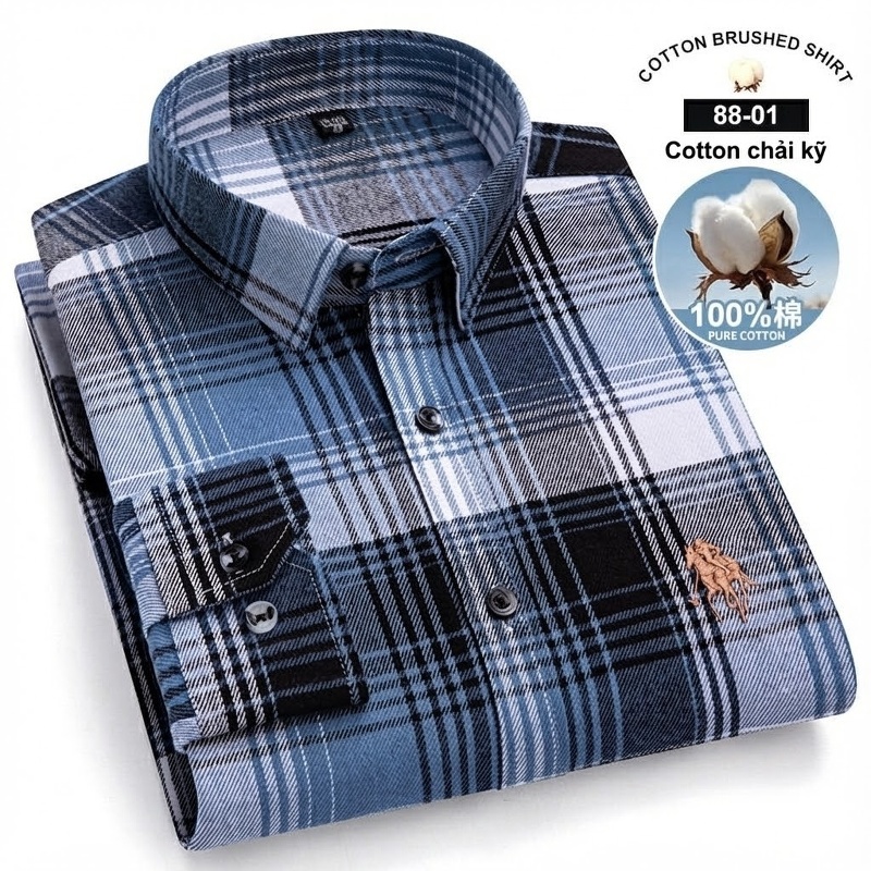 Áo Sơ Mi Nam Tay Dài Cotton Kẻ Caro Thời Trang