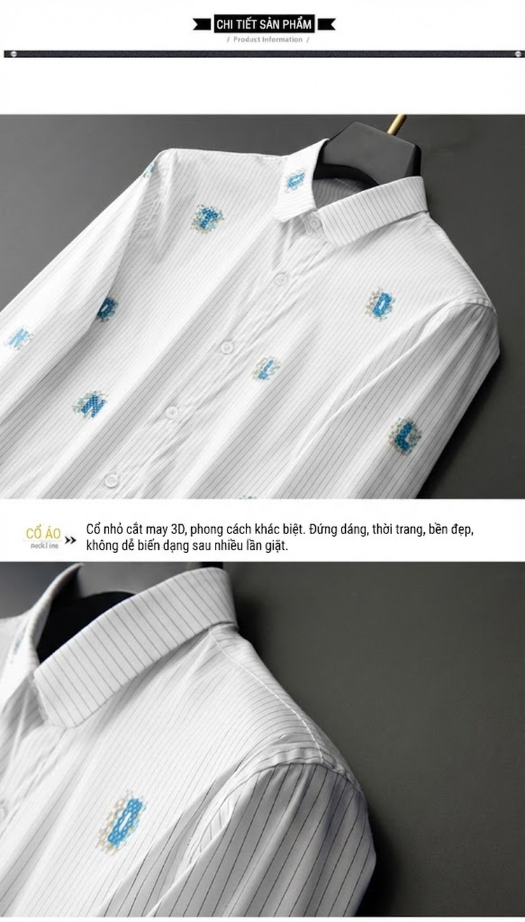 Áo Sơ Mi Nam Tay Dài Cotton Kẻ Sọc Thêu Chữ Phong Cách Âu Mỹ Thoải Mái Màu Trắng chi tiết 8