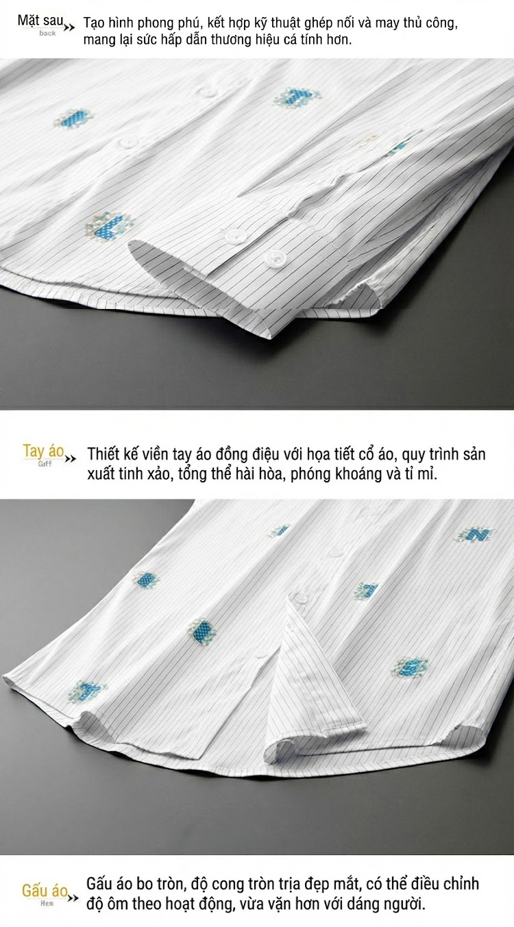 Áo Sơ Mi Nam Tay Dài Cotton Kẻ Sọc Thêu Chữ Phong Cách Âu Mỹ Thoải Mái Màu Trắng chi tiết 9