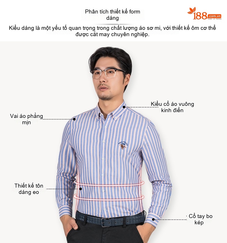 Áo Sơ Mi Nam Tay Dài Cotton Oxford Dáng Ôm Sọc Kẻ Thanh Lịch Màu Xanh Dương, Hồng, Tím, Trắng, Xám chi tiết 3