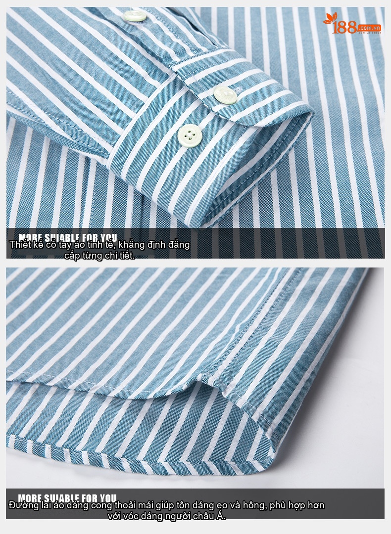Áo Sơ Mi Nam Tay Dài Cotton Oxford Dáng Ôm Sọc Kẻ Thanh Lịch Màu Xanh Dương, Hồng, Tím, Trắng, Xám chi tiết 7