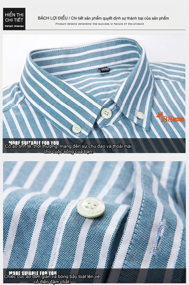 Áo Sơ Mi Nam Tay Dài Cotton Oxford Dáng Ôm Sọc Kẻ Thanh Lịch Màu Xanh Dương, Hồng, Tím, Trắng, Xám chi tiết 6