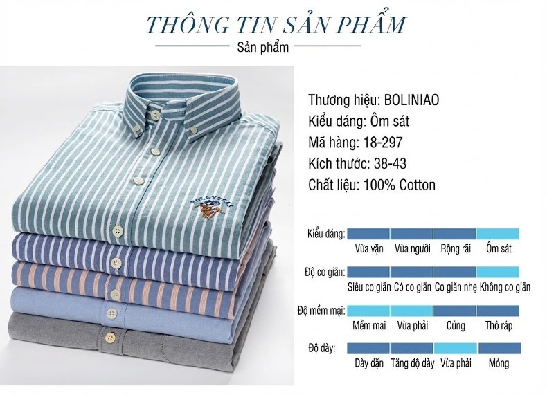 Áo Sơ Mi Nam Tay Dài Cotton Oxford Dáng Ôm Sọc Kẻ Thanh Lịch Màu Xanh Dương, Hồng, Tím, Trắng, Xám chi tiết 1