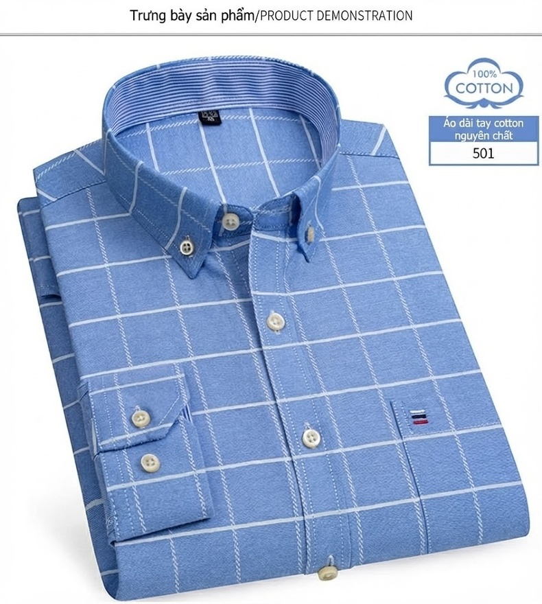 Áo Sơ Mi Nam Tay Dài Cotton Oxford Kẻ Caro Thời Trang chi tiết 9