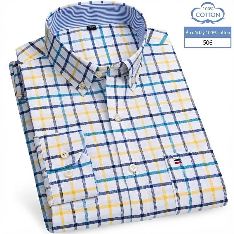 Áo Sơ Mi Nam Tay Dài Cotton Oxford Kẻ Caro Thời Trang