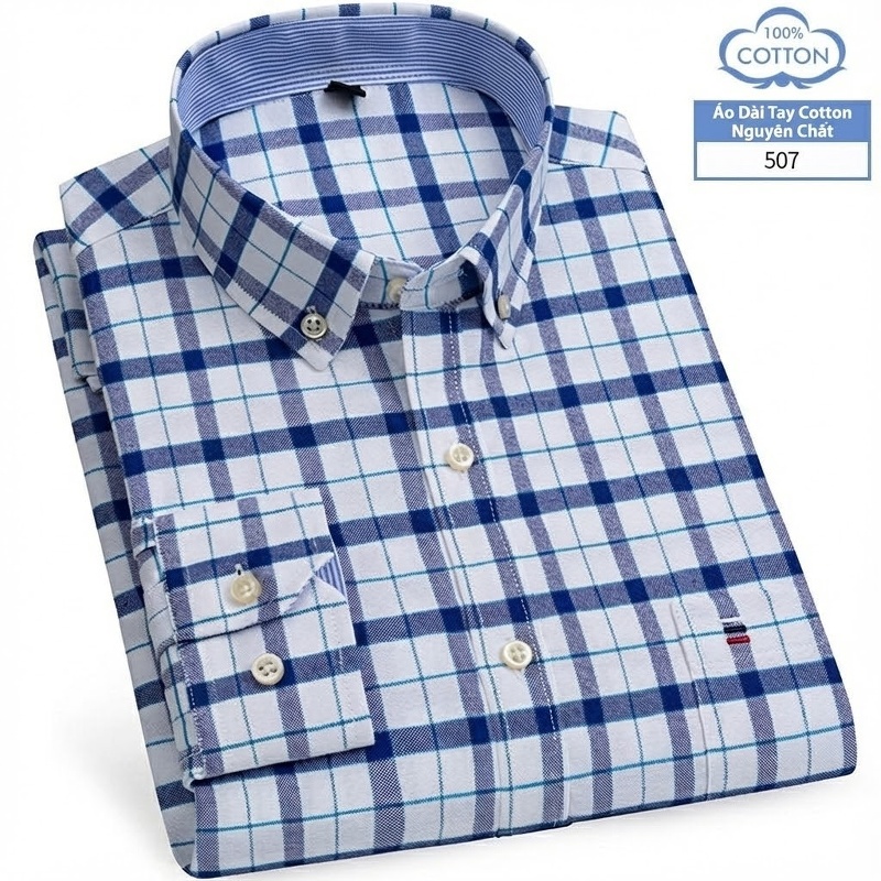 Áo Sơ Mi Nam Tay Dài Cotton Oxford Kẻ Caro Thời Trang
