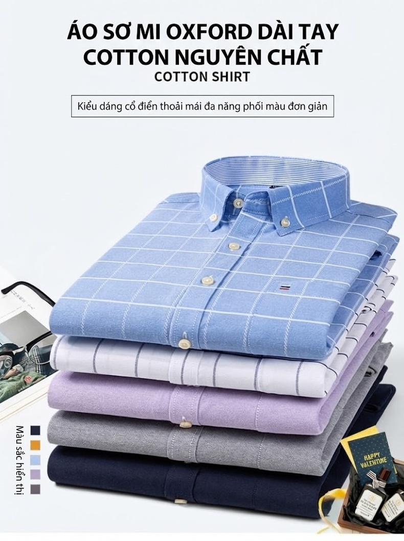 Áo Sơ Mi Nam Tay Dài Cotton Oxford Kẻ Caro Thời Trang chi tiết 1