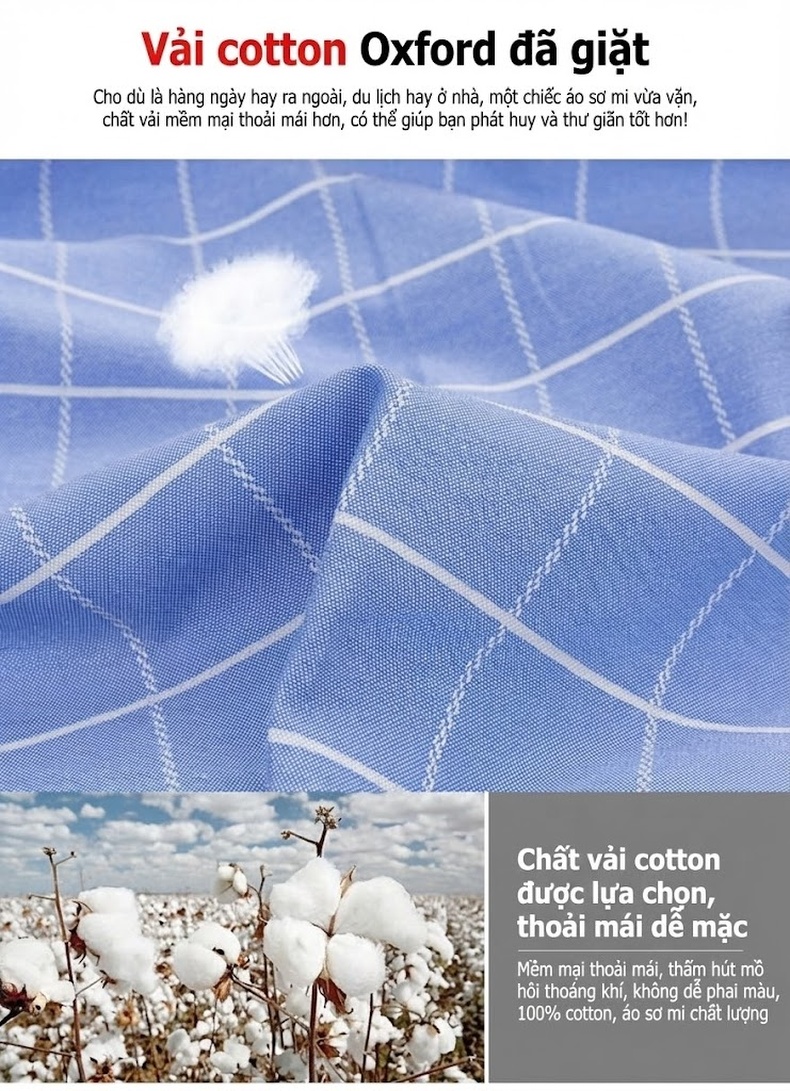 Áo Sơ Mi Nam Tay Dài Cotton Oxford Kẻ Caro Thời Trang chi tiết 2