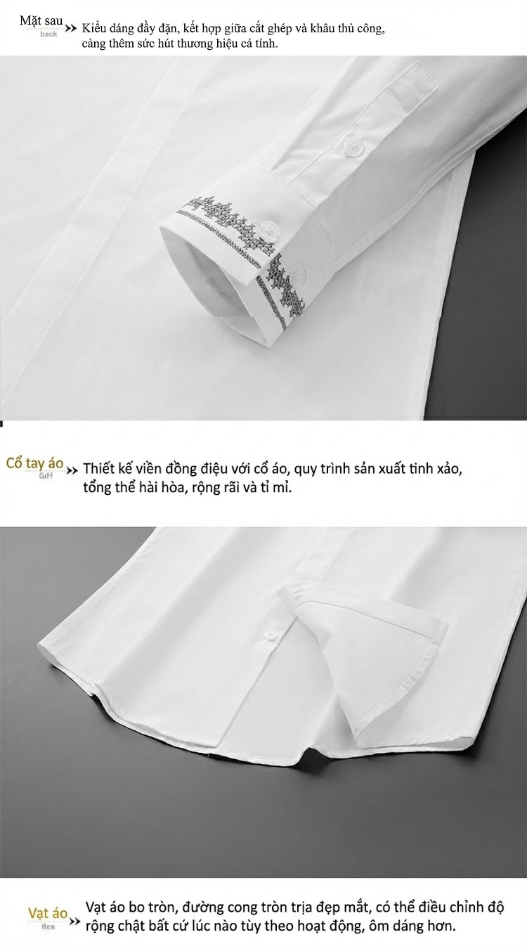 Áo Sơ Mi Nam Tay Dài Cotton Thêu Chỉ Bạc Cao Cấp Thời Trang Màu Đen, Trắng chi tiết 12