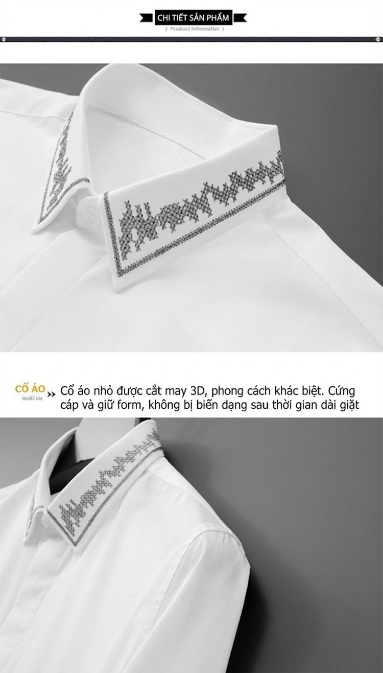 Áo Sơ Mi Nam Tay Dài Cotton Thêu Chỉ Bạc Cao Cấp Thời Trang Màu Đen, Trắng chi tiết 11