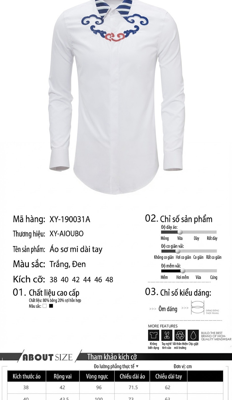 Áo Sơ Mi Nam Tay Dài Cotton Thêu Họa Tiết Thanh Vân Phong Cách Trung Hoa Màu Đen, Trắng chi tiết 2