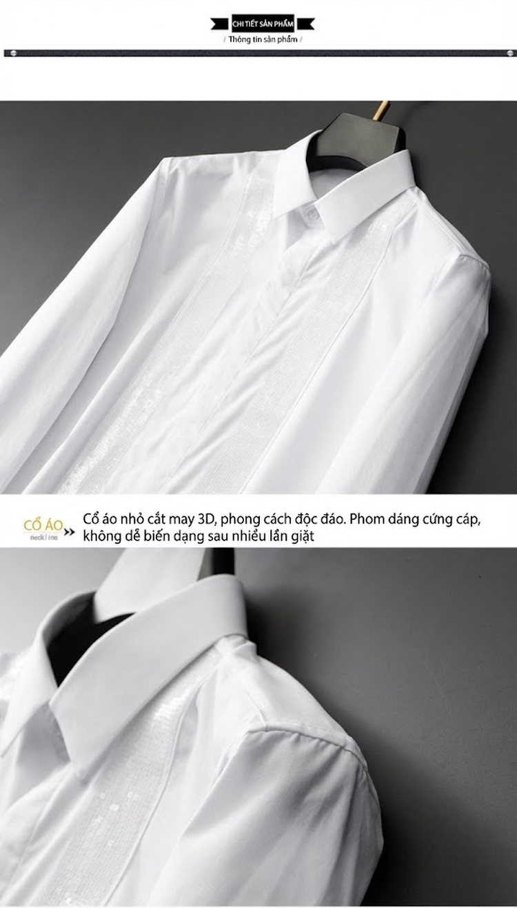 Áo Sơ Mi Nam Tay Dài Cotton Thêu Kim Sa Phong Cách Thời Trang Màu Đen, Trắng chi tiết 9