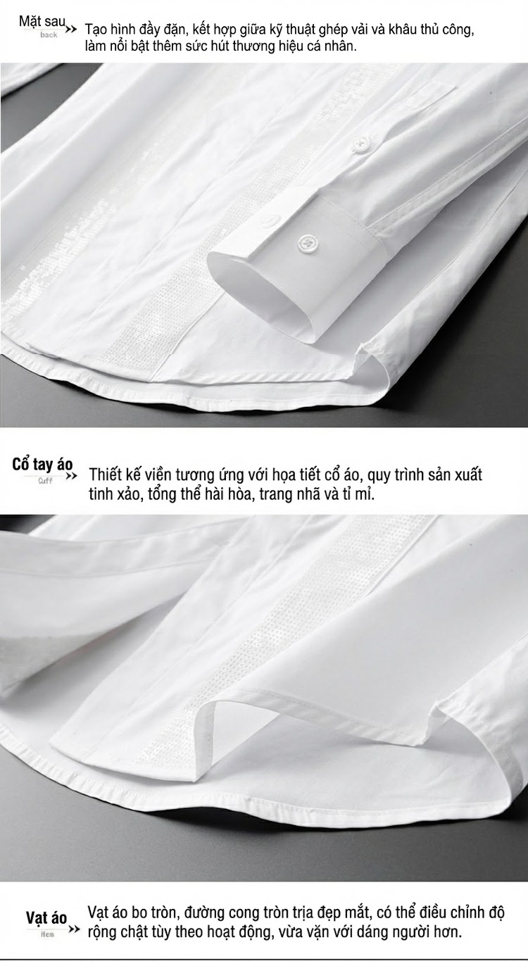 Áo Sơ Mi Nam Tay Dài Cotton Thêu Kim Sa Phong Cách Thời Trang Màu Đen, Trắng chi tiết 10