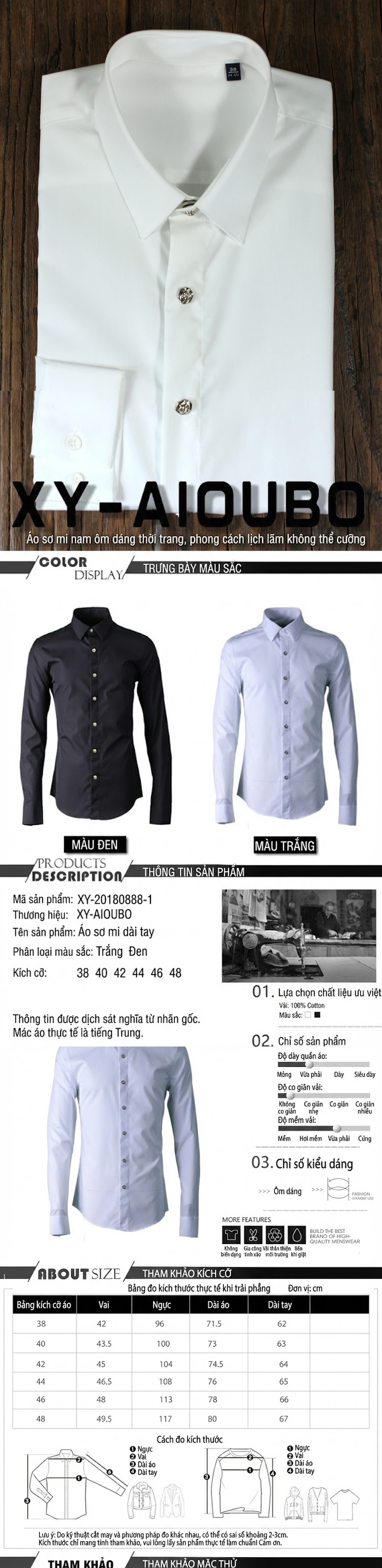 Áo Sơ Mi Nam Tay Dài Cotton Trang Trí Hoa Hồng Hợp Kim Dáng Ôm Màu Đen, Trắng chi tiết 1