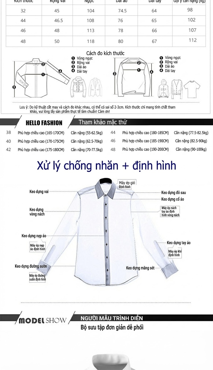 Áo Sơ Mi Nam Tay Dài Đính Ong Vàng Cotton Màu Trắng, Đen, Xanh Navy chi tiết 2