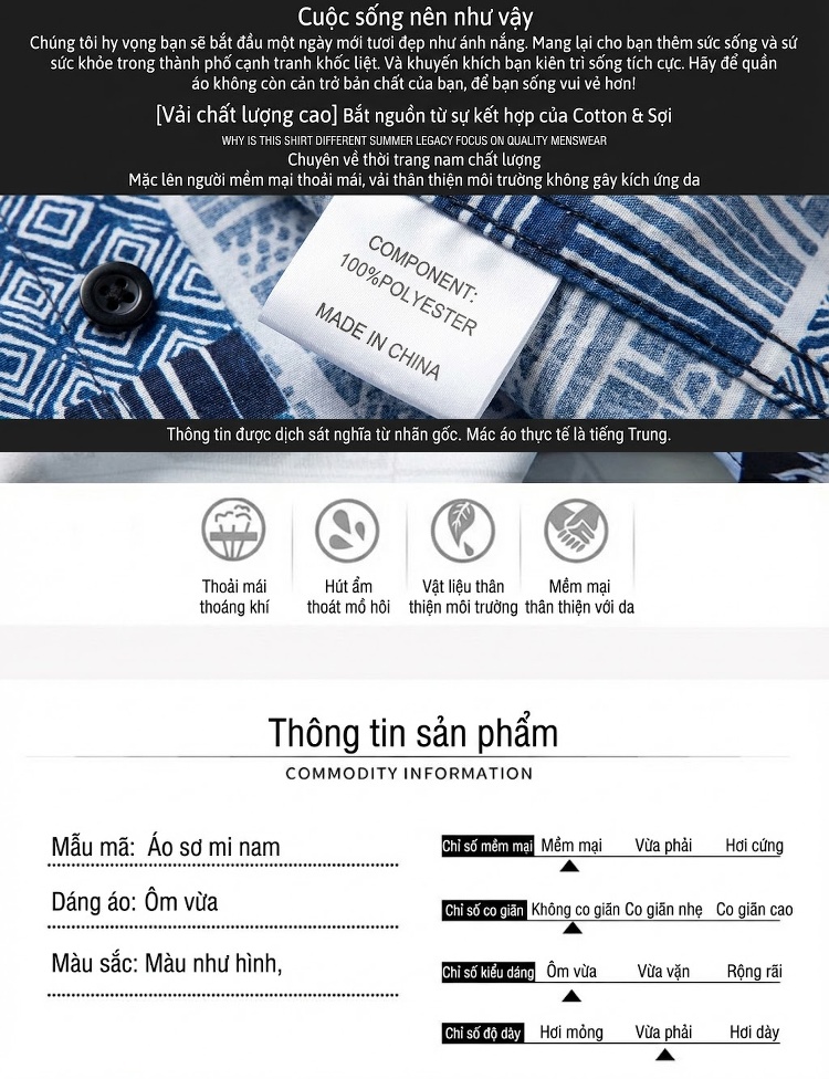 Áo Sơ Mi Nam Tay Dài Họa Tiết Hình Học Gradient Xanh Dương, Đen Thiết Kế Chống Nhăn chi tiết 4
