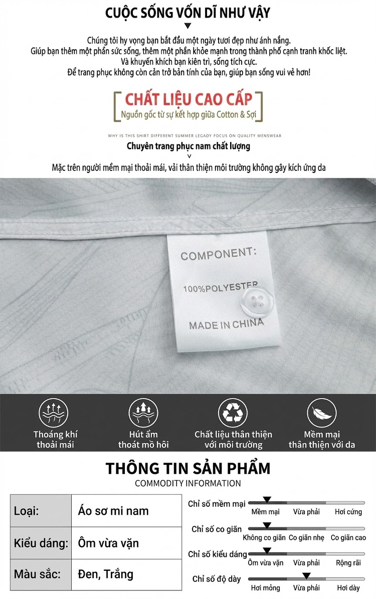 Áo Sơ Mi Nam Tay Dài Họa Tiết Hình Học Toàn Thân Chống Nhăn Dáng Đẹp Màu Trắng Xám chi tiết 5