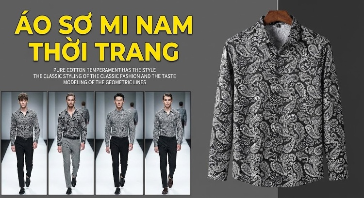Áo Sơ Mi Nam Tay Dài Họa Tiết Hoa Văn Thời Trang Chống Nhăn Màu Đen, Trắng chi tiết 1