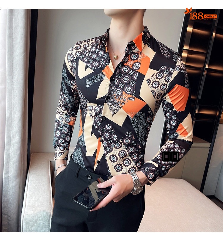 Áo Sơ Mi Nam Tay Dài Họa Tiết Phong Cách Âu Mỹ Hàn Quốc Màu Đen, Cam, Kem chi tiết 6