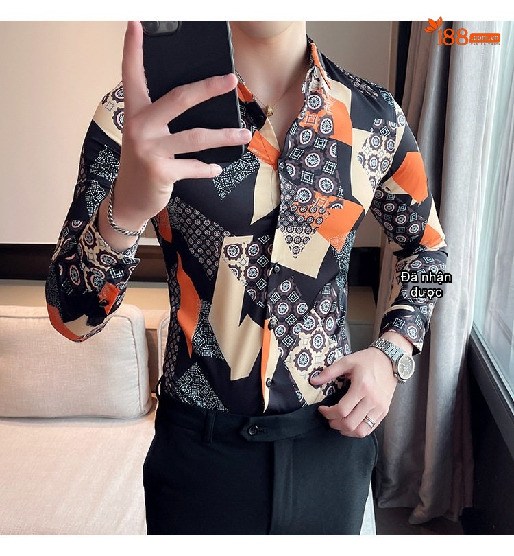 Áo Sơ Mi Nam Tay Dài Họa Tiết Phong Cách Âu Mỹ Hàn Quốc Màu Đen, Cam, Kem chi tiết 11