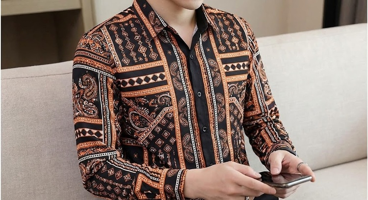 Áo Sơ Mi Nam Tay Dài Họa Tiết Phong Cách Âu Mỹ Hàn Quốc Màu Đen, Cam, Kem chi tiết 14