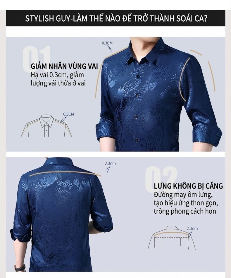 Áo Sơ Mi Nam Tay Dài Họa Tiết Rồng Phong Cách Trung Hoa Thoáng Mát Màu Vàng, Đỏ, Trắng, Xanh Dương chi tiết 6