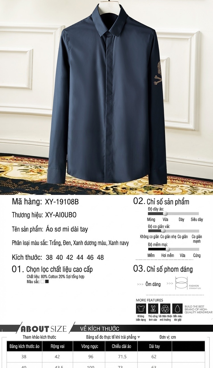 Áo Sơ Mi Nam Tay Dài In Hình Đính Đá Thời Trang Màu Trắng, Đen, Xanh Dương, Xanh Navy chi tiết 2