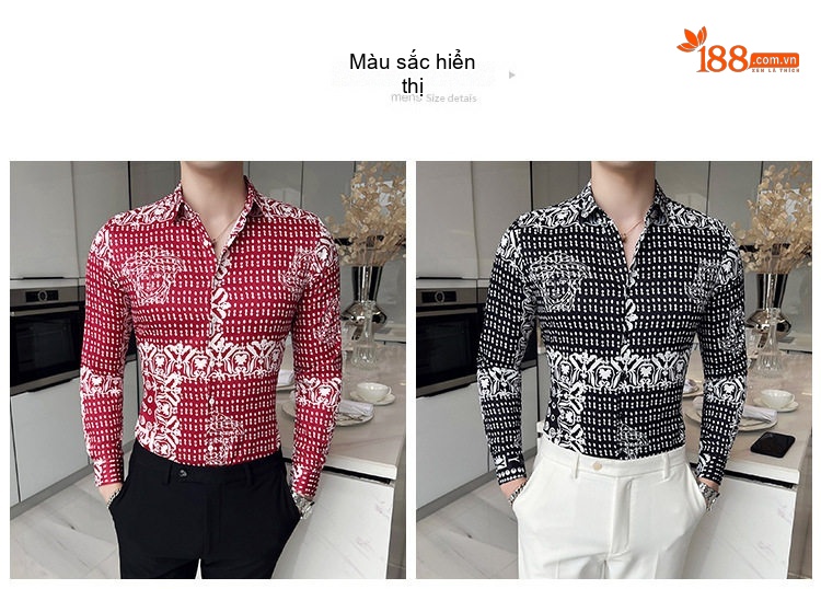 Áo Sơ Mi Nam Tay Dài In Họa Tiết Cá Tính Cao Cấp Màu Đỏ, Đen chi tiết 2