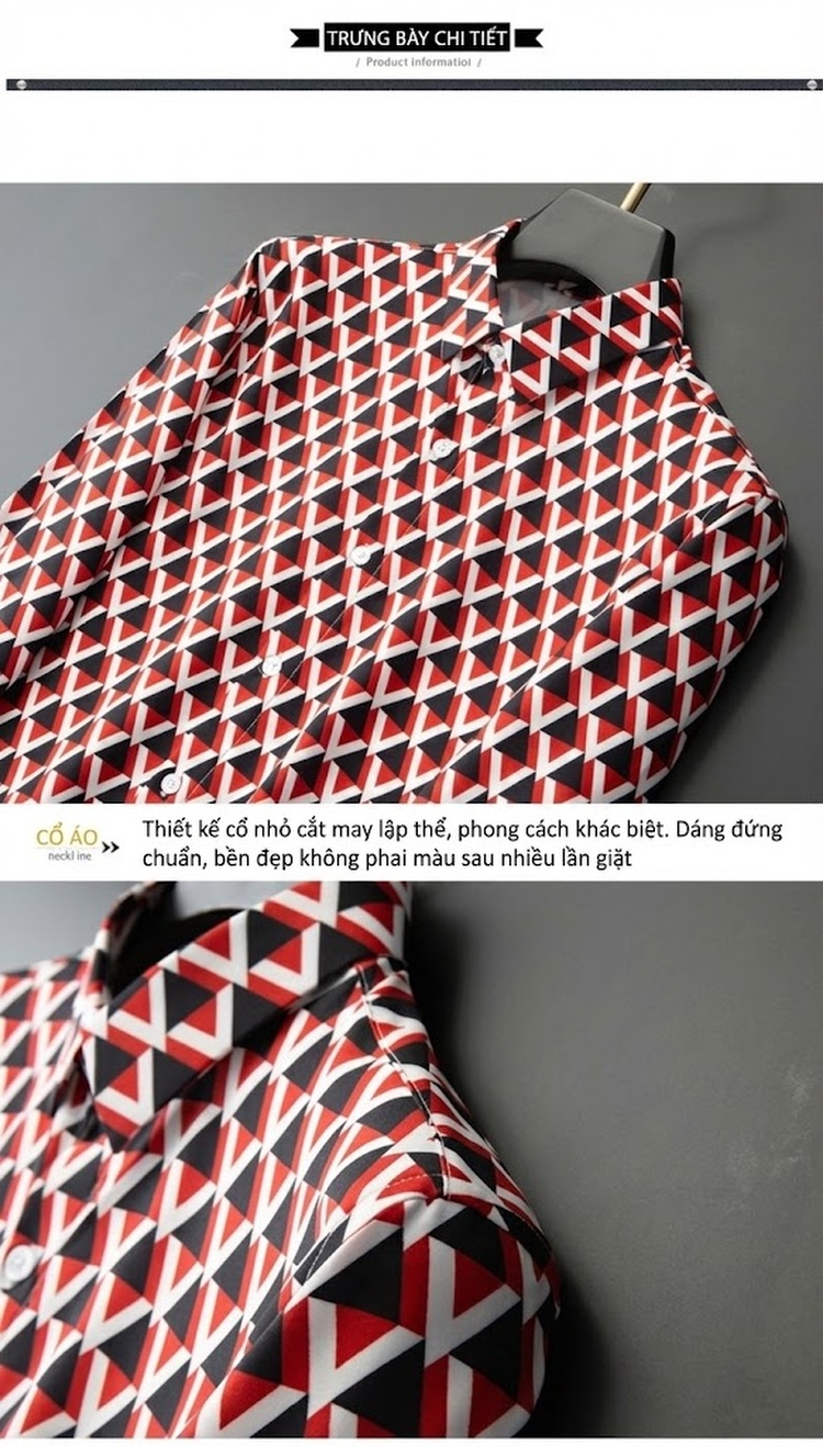 Áo Sơ Mi Nam Tay Dài In Họa Tiết Chữ V Đối Xứng Phong Cách Thời Trang Màu Đỏ, Đen, Trắng chi tiết 8